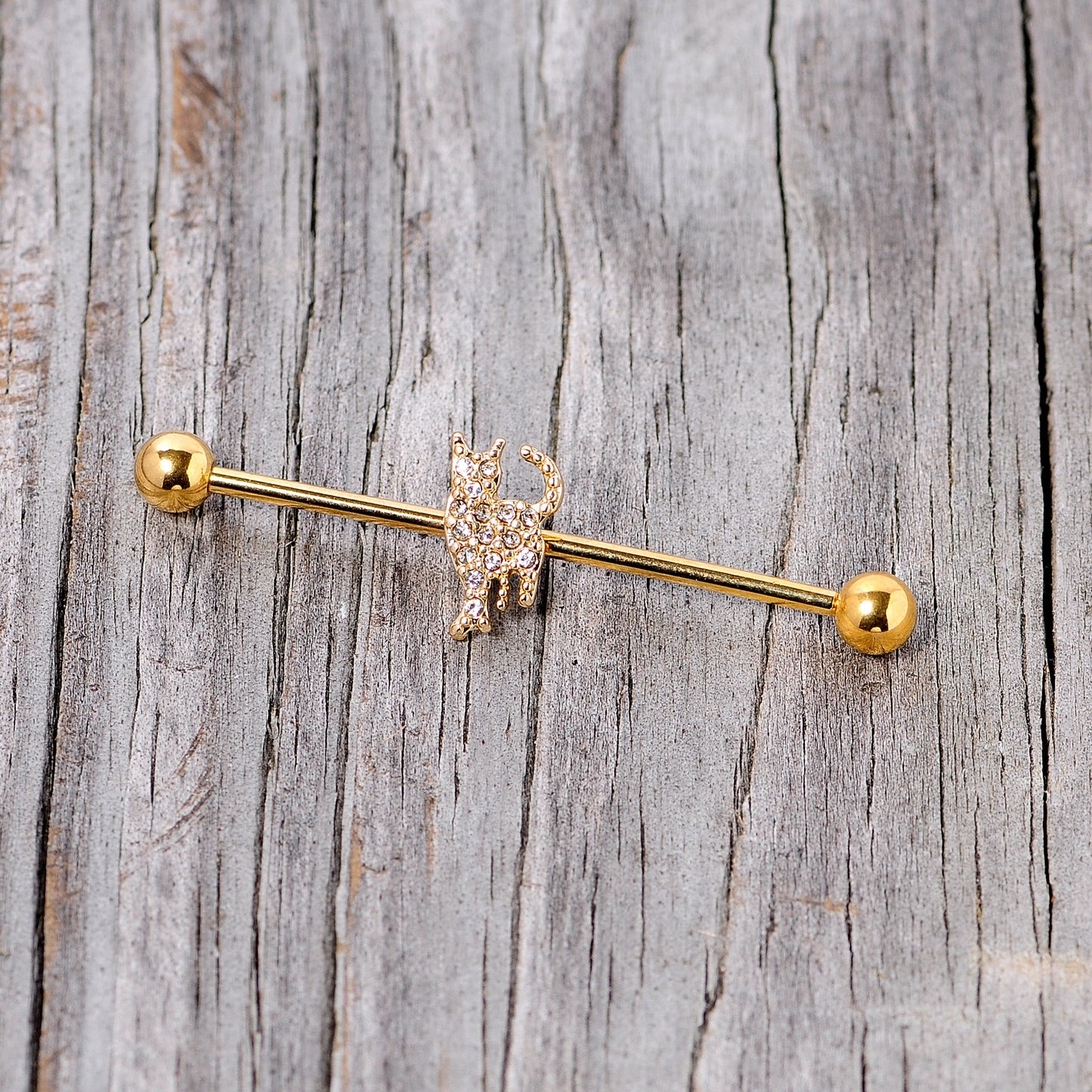 14 Gauge Clear Gem Gold Tone Glamourpuss Cat Industrial Barbell 38mm