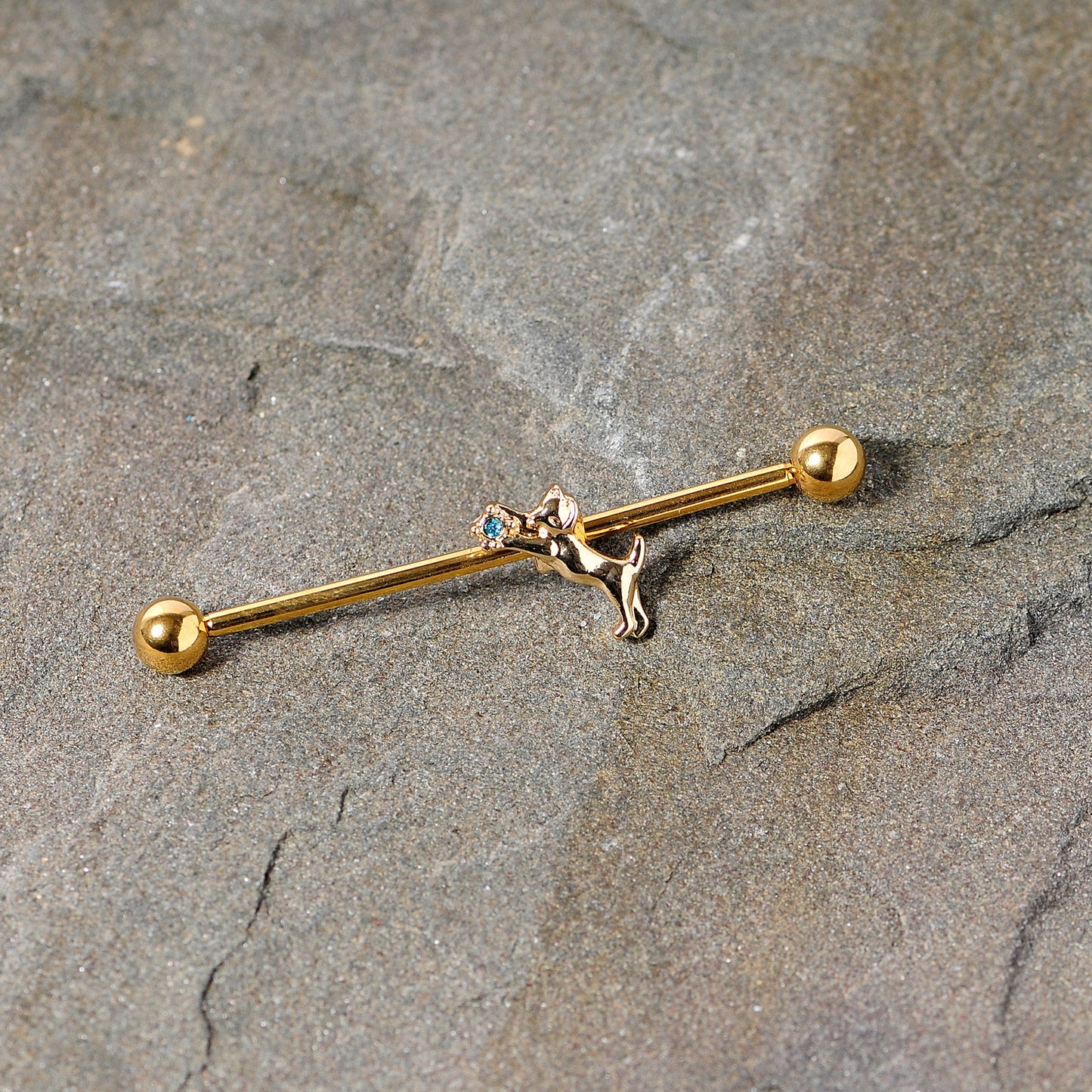 14 Gauge Blue Gem Gold Tone Leaping Cat Industrial Barbell 38mm