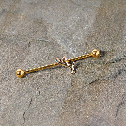 14 Gauge Blue Gem Gold Tone Leaping Cat Industrial Barbell 38mm