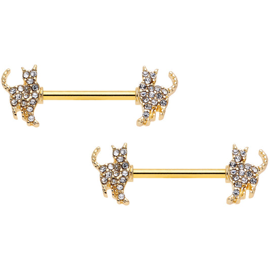 14 Gauge 9/16 Clear Gem Gold Tone Glamour Cat Barbell Nipple Ring Set