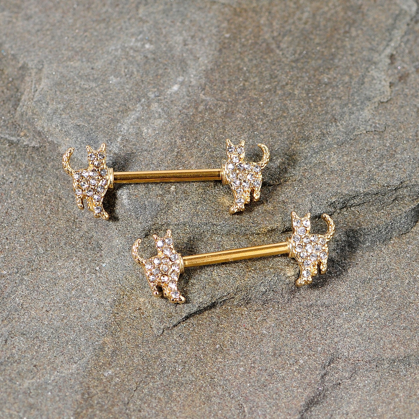 14 Gauge 9/16 Clear Gem Gold Tone Glamour Cat Barbell Nipple Ring Set