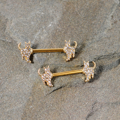 14 Gauge 9/16 Clear Gem Gold Tone Glamour Cat Barbell Nipple Ring Set