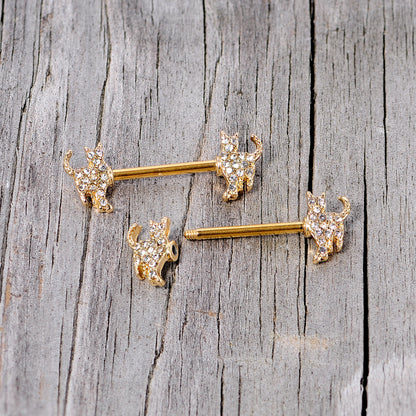 14 Gauge 9/16 Clear Gem Gold Tone Glamour Cat Barbell Nipple Ring Set