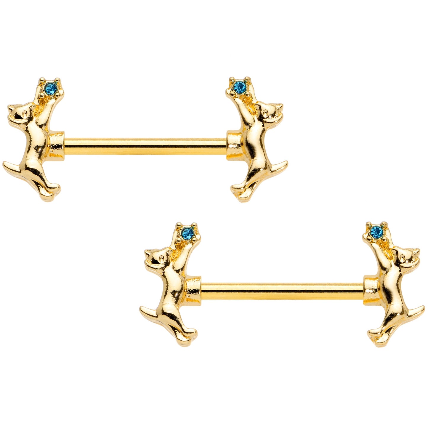 14 Gauge 9/16 Blue Gem Gold Tone Leaping Cat Barbell Nipple Ring Set