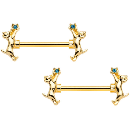 14 Gauge 9/16 Blue Gem Gold Tone Leaping Cat Barbell Nipple Ring Set