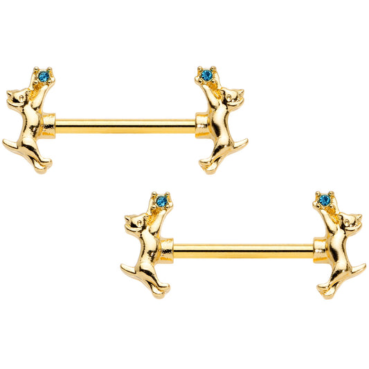 14 Gauge 9/16 Blue Gem Gold Tone Leaping Cat Barbell Nipple Ring Set