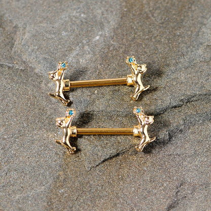 14 Gauge 9/16 Blue Gem Gold Tone Leaping Cat Barbell Nipple Ring Set