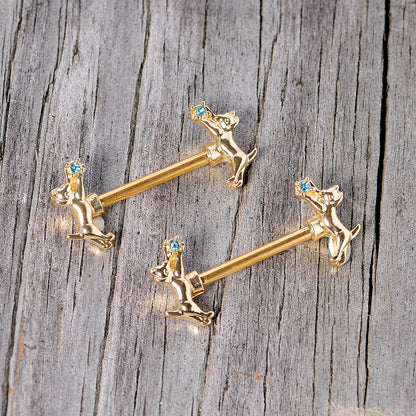 14 Gauge 9/16 Blue Gem Gold Tone Leaping Cat Barbell Nipple Ring Set