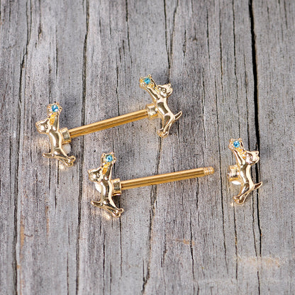 14 Gauge 9/16 Blue Gem Gold Tone Leaping Cat Barbell Nipple Ring Set