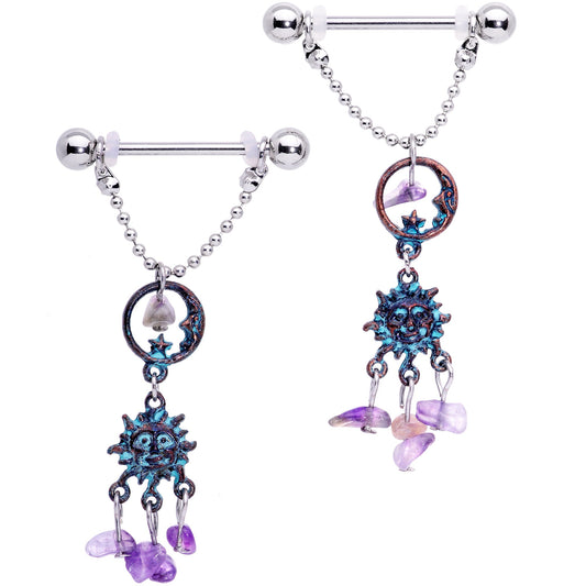 14 Gauge 5/8 Purple Gem Solstice Sun Moon Dangle Nipple Ring Set