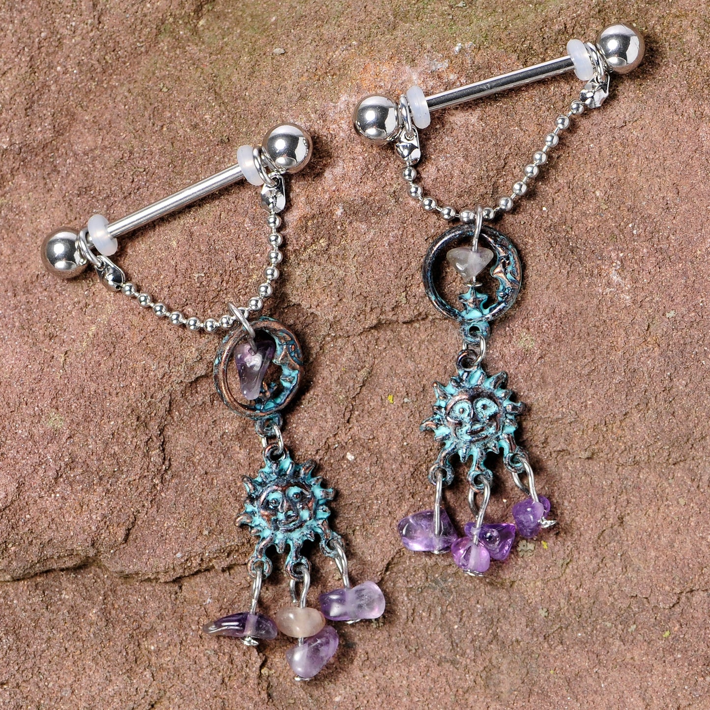 14 Gauge 5/8 Purple Gem Solstice Sun Moon Dangle Nipple Ring Set