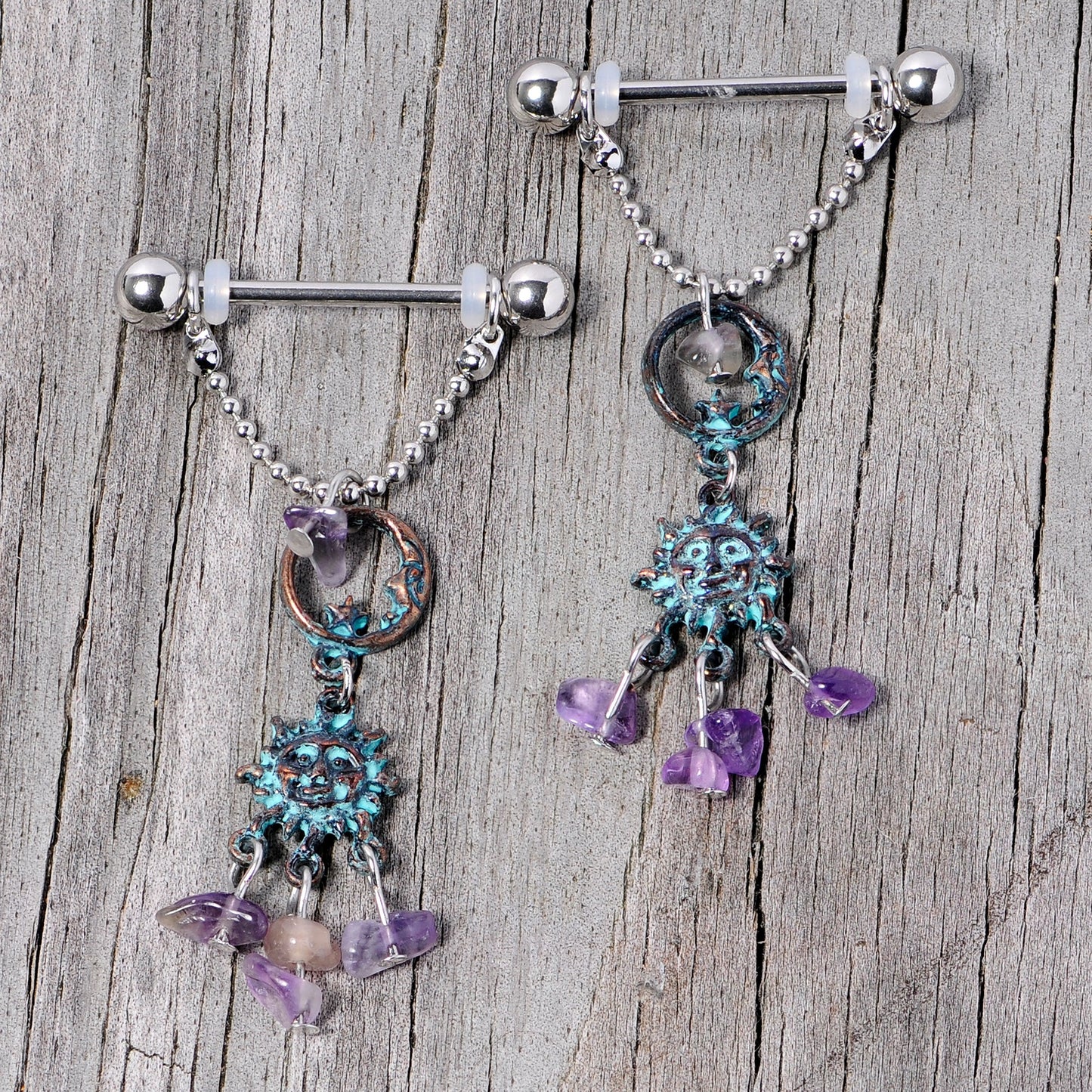 14 Gauge 5/8 Purple Gem Solstice Sun Moon Dangle Nipple Ring Set