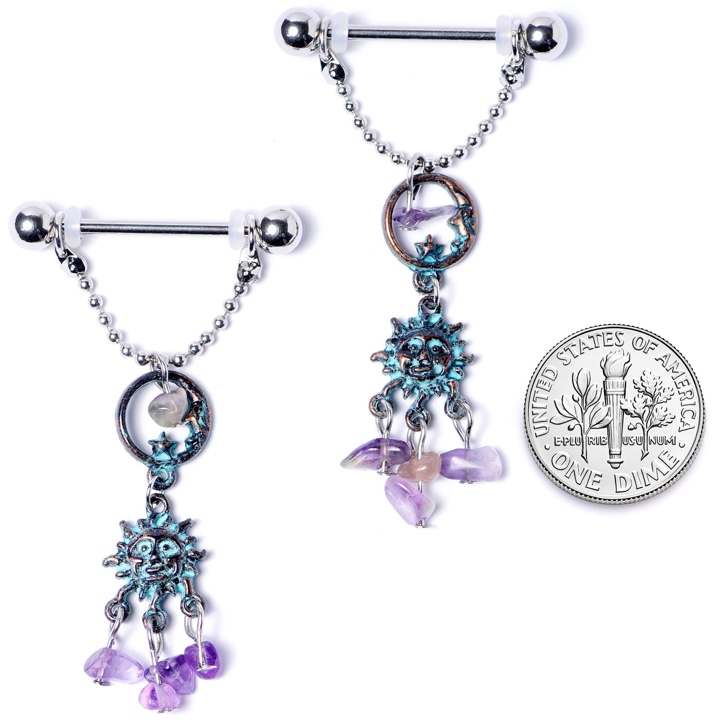 14 Gauge 5/8 Purple Gem Solstice Sun Moon Dangle Nipple Ring Set