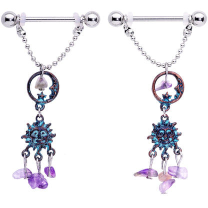 14 Gauge 5/8 Purple Gem Solstice Sun Moon Dangle Nipple Ring Set