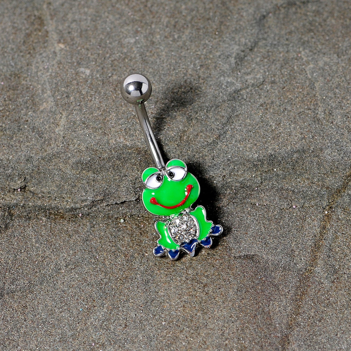 Clear Gem Green Goofy Frog Belly Ring