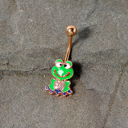 Clear Gem Rose Gold Tone Green Goofy Frog Belly Ring