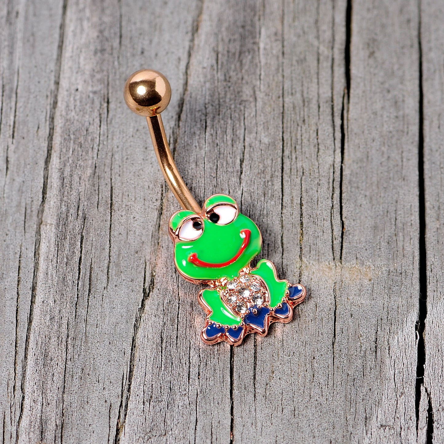 Clear Gem Rose Gold Tone Green Goofy Frog Belly Ring