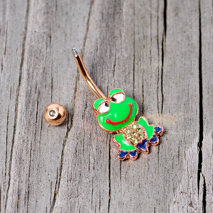 Green Gem Rose Gold Tone Green Goofy Frog Belly Ring