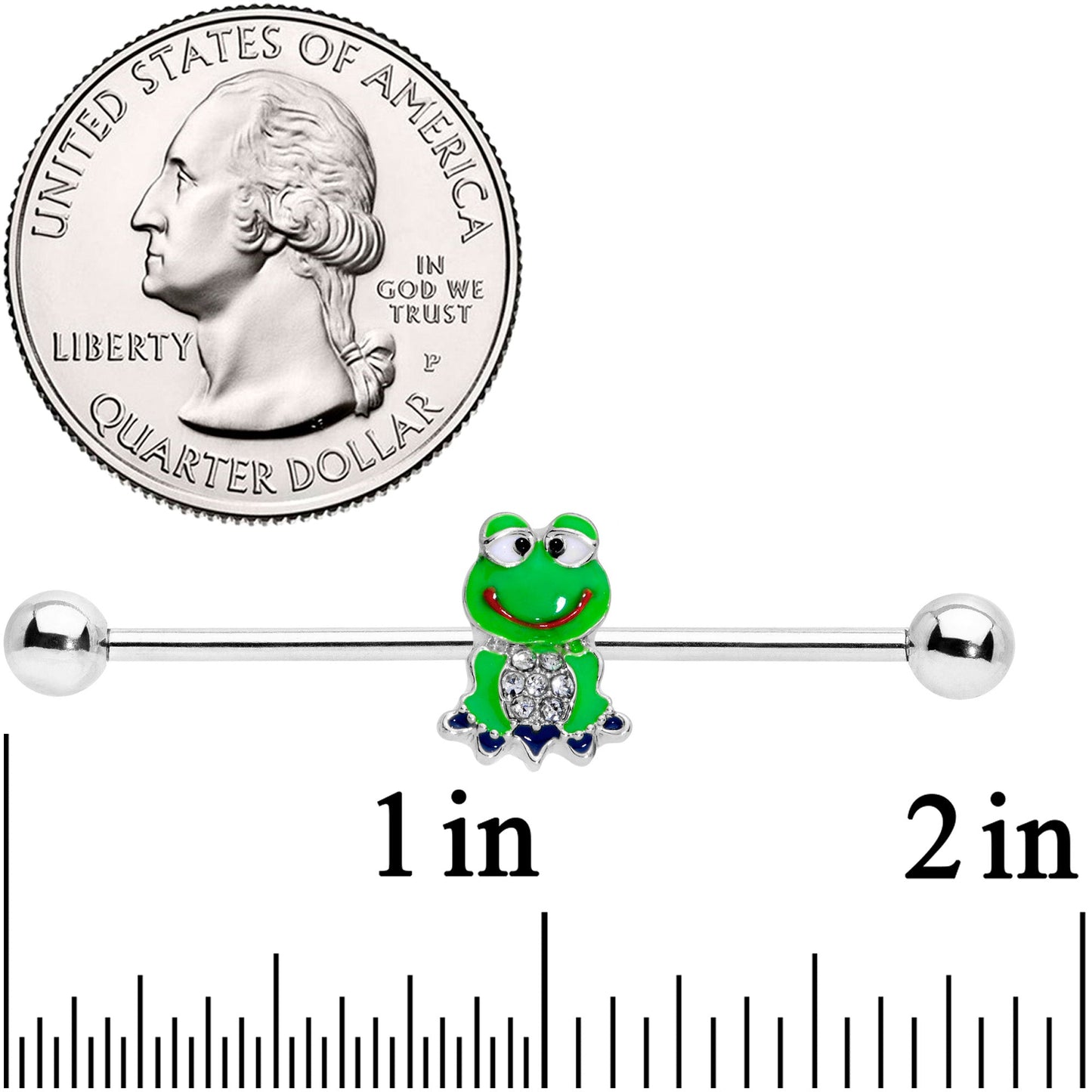 14 Gauge Clear Gem Green Goofy Frog Industrial Barbell 38mm