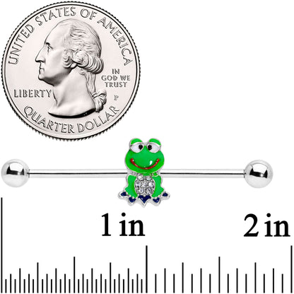 14 Gauge Clear Gem Green Goofy Frog Industrial Barbell 38mm