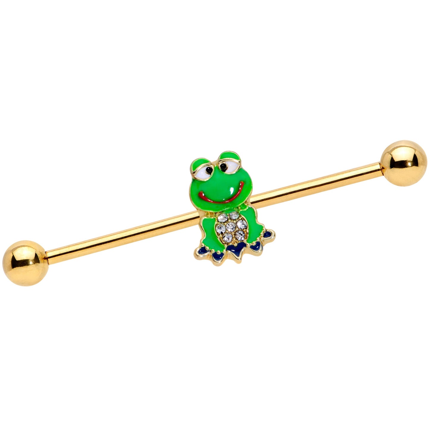 14 Gauge Clear Gem Gold Tone Green Goofy Frog Industrial Barbell 38mm