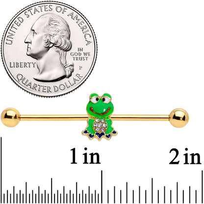 14 Gauge Clear Gem Gold Tone Green Goofy Frog Industrial Barbell 38mm