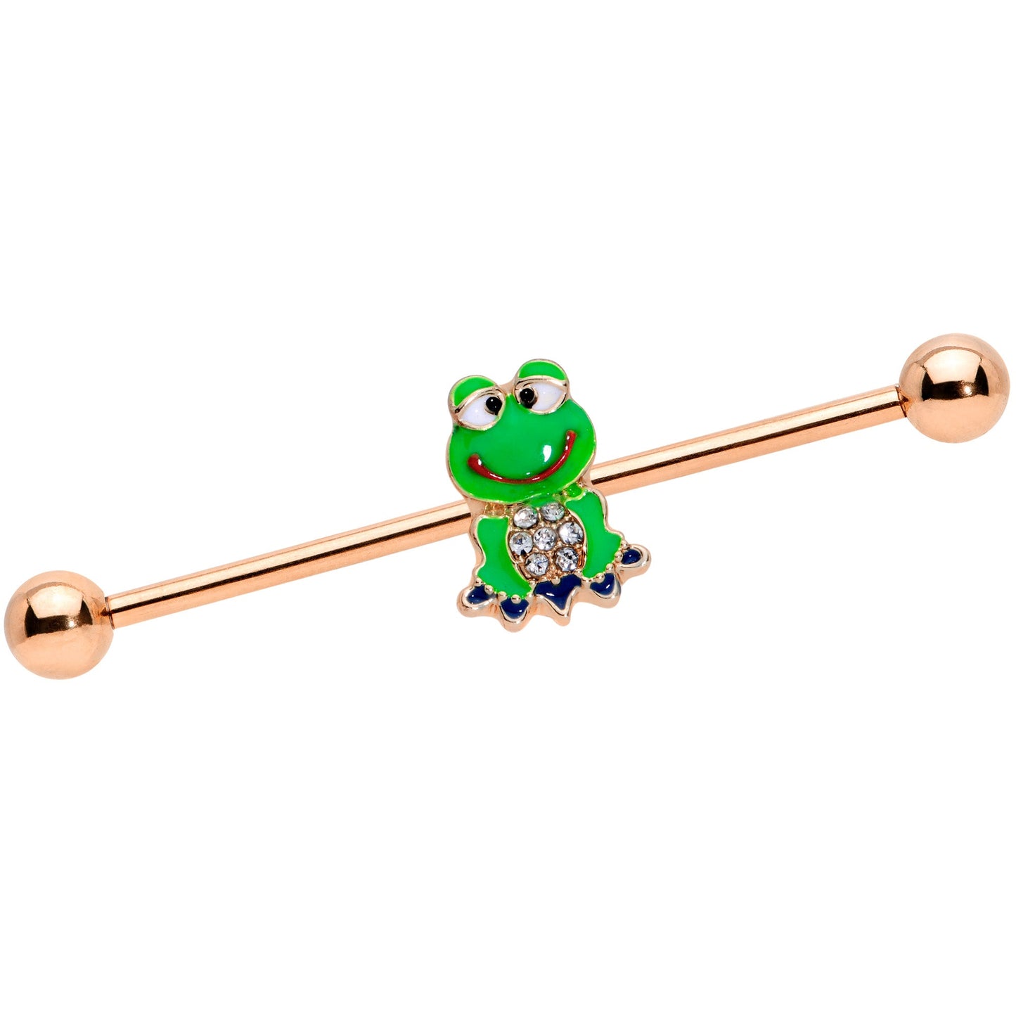 14 Gauge Clear Gem Rose Gold Tone Green Frog Industrial Barbell 38mm