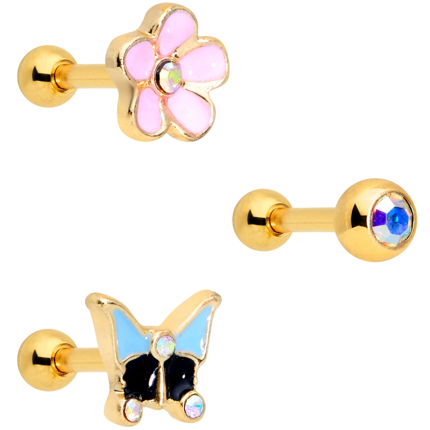 16 Gauge 1/4 Aurora Gem Gold Tone Flower Cartilage Tragus Set of 3