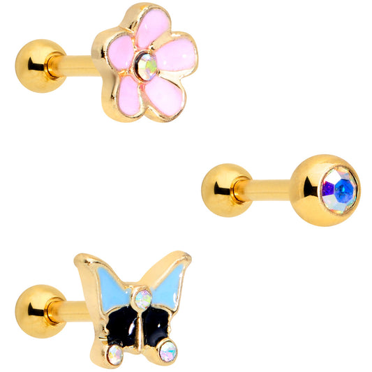 16 Gauge 1/4 Aurora Gem Gold Tone Flower Cartilage Tragus Set of 3