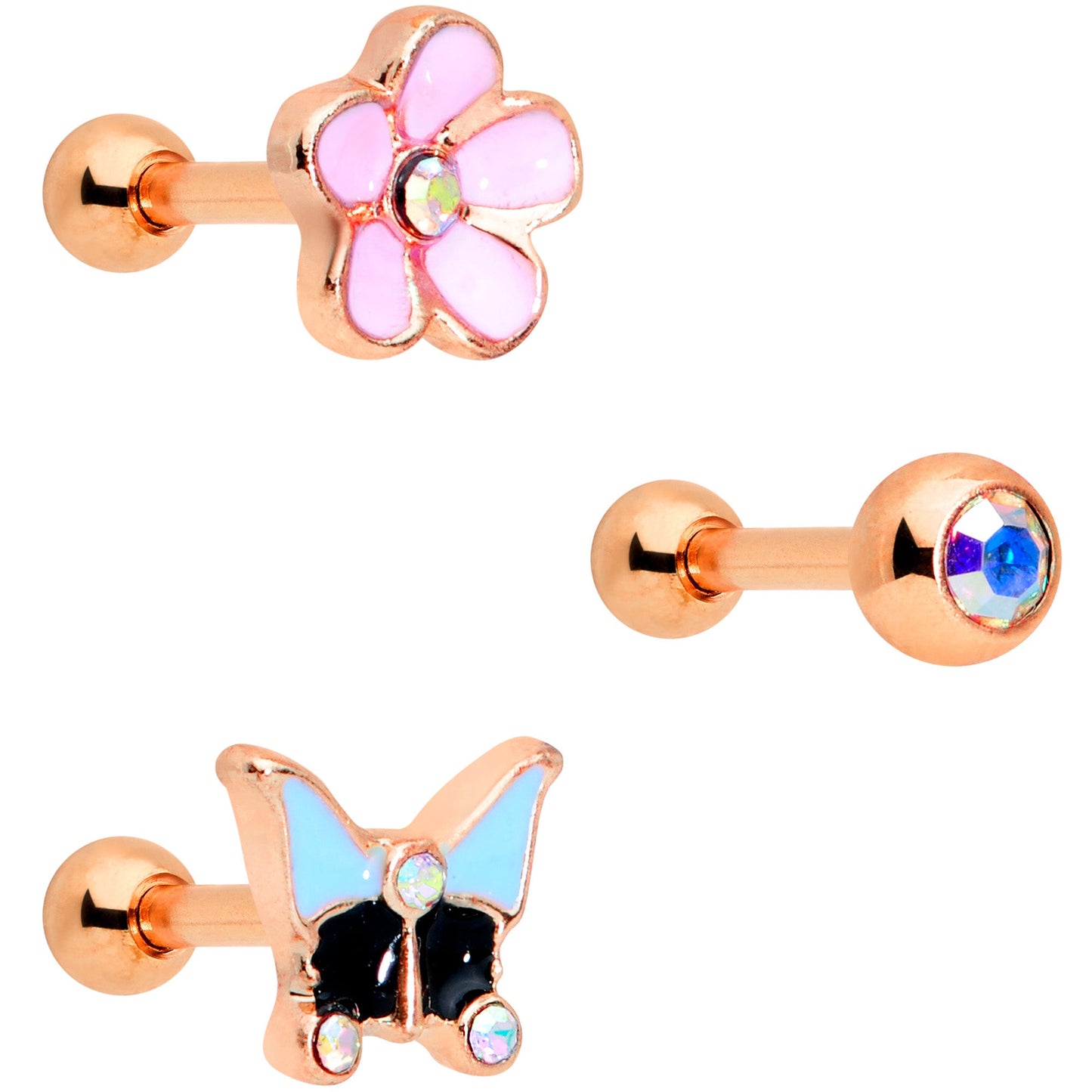 16 Gauge 1/4 Aurora Gem Rose Gold Tone Flower Cartilage Tragus Set of 3