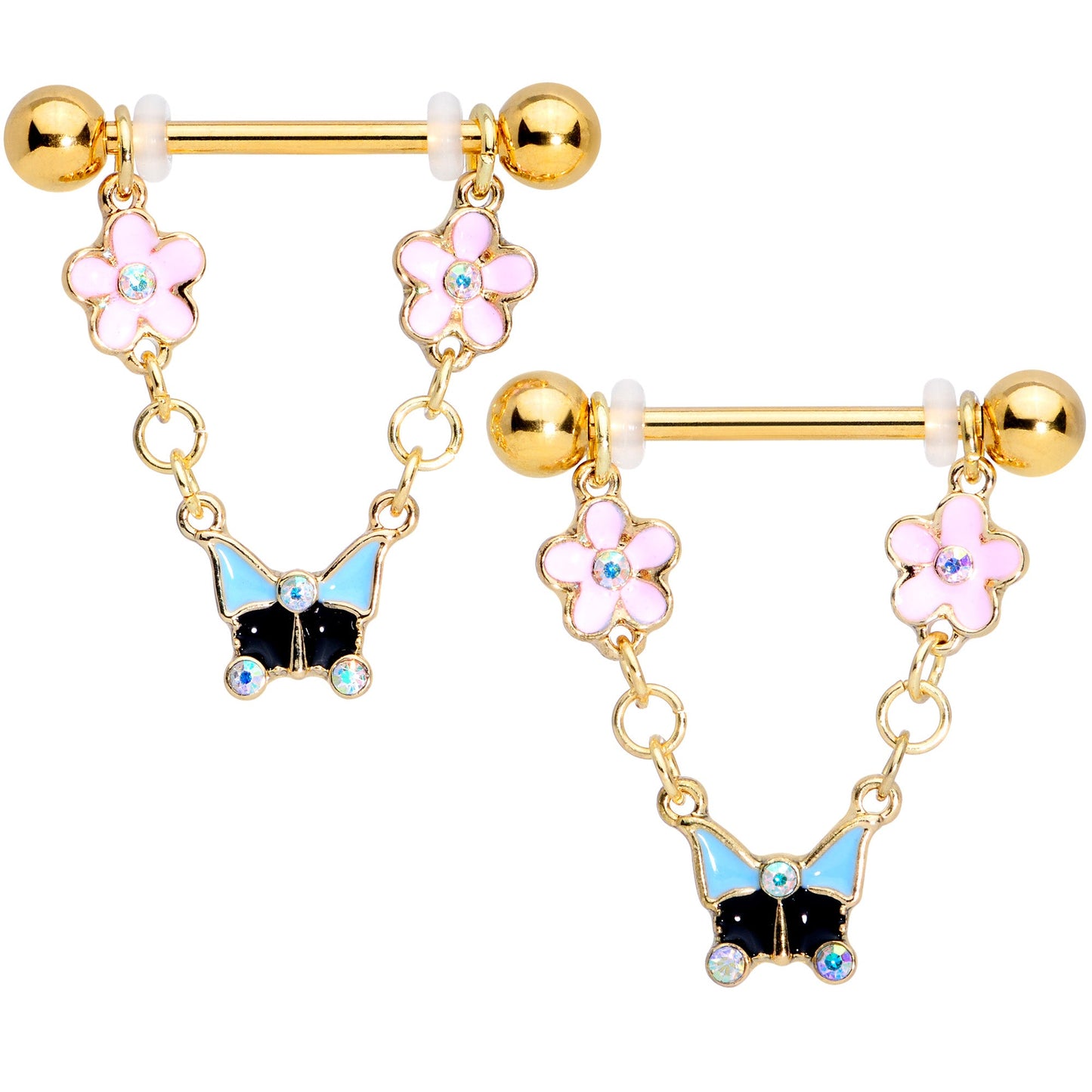 14 Gauge 5/8 Aurora Gem Gold Tone Flower Dangle Nipple Ring Set