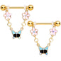 14 Gauge 5/8 Aurora Gem Gold Tone Flower Dangle Nipple Ring Set