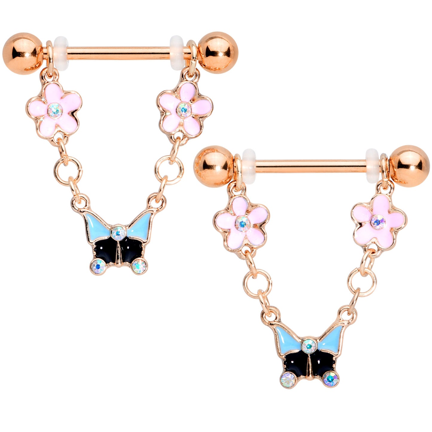 14 Gauge 5/8 Aurora Gem Rose Gold Tone Flower Dangle Nipple Ring Set