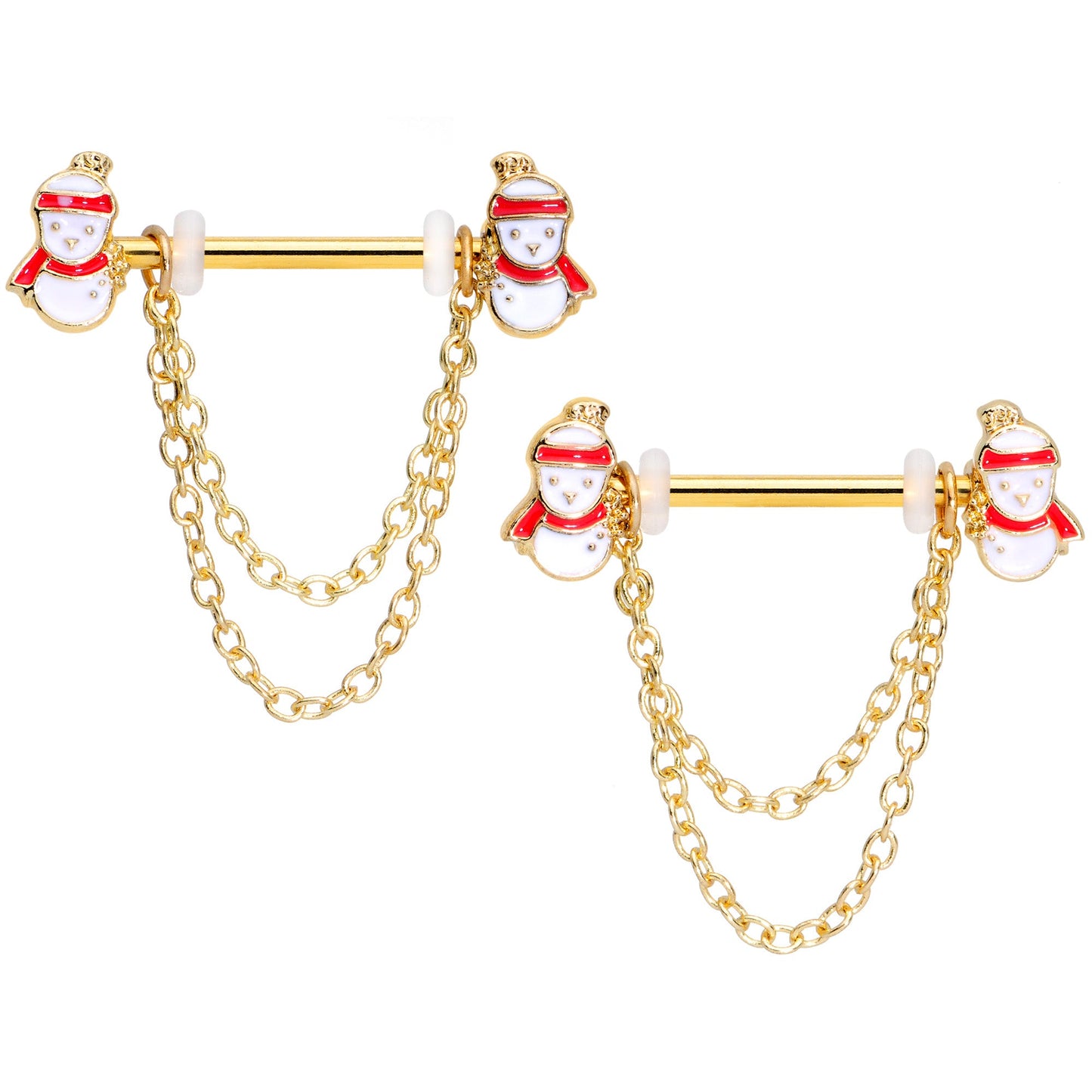 14 Gauge 5/8 Gold Tone Snowman Christmas Dangle Nipple Ring Set