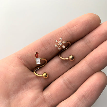 14 Gauge 3/8 Clear CZ Gem Rose Gold Tone Snowflake Spiral Belly Ring