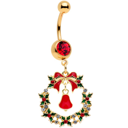 Red Gem Gold Tone Holiday Bell Wreath Christmas Dangle Belly Ring