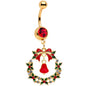 Red Gem Gold Tone Holiday Bell Wreath Christmas Dangle Belly Ring