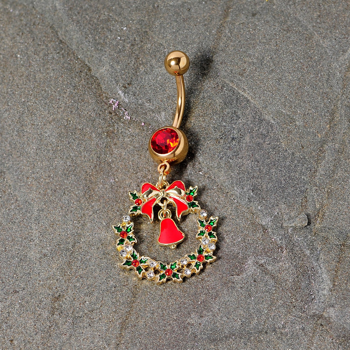 Red Gem Gold Tone Holiday Bell Wreath Christmas Dangle Belly Ring