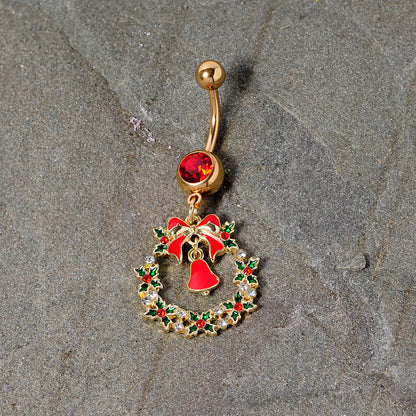 Red Gem Gold Tone Holiday Bell Wreath Christmas Dangle Belly Ring