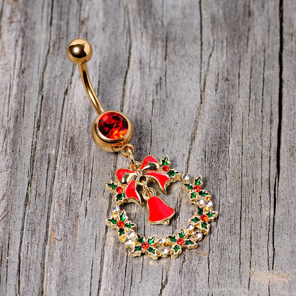 Red Gem Gold Tone Holiday Bell Wreath Christmas Dangle Belly Ring