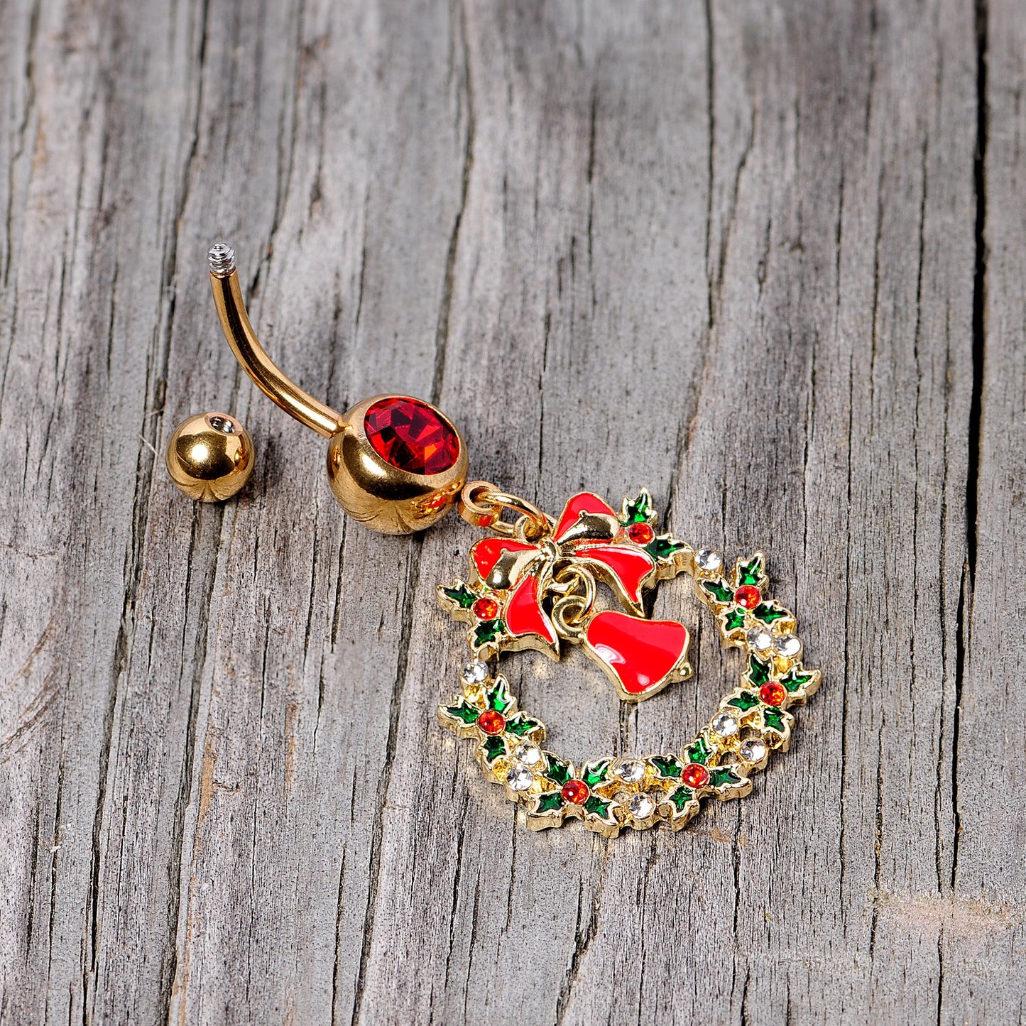 Red Gem Gold Tone Holiday Bell Wreath Christmas Dangle Belly Ring