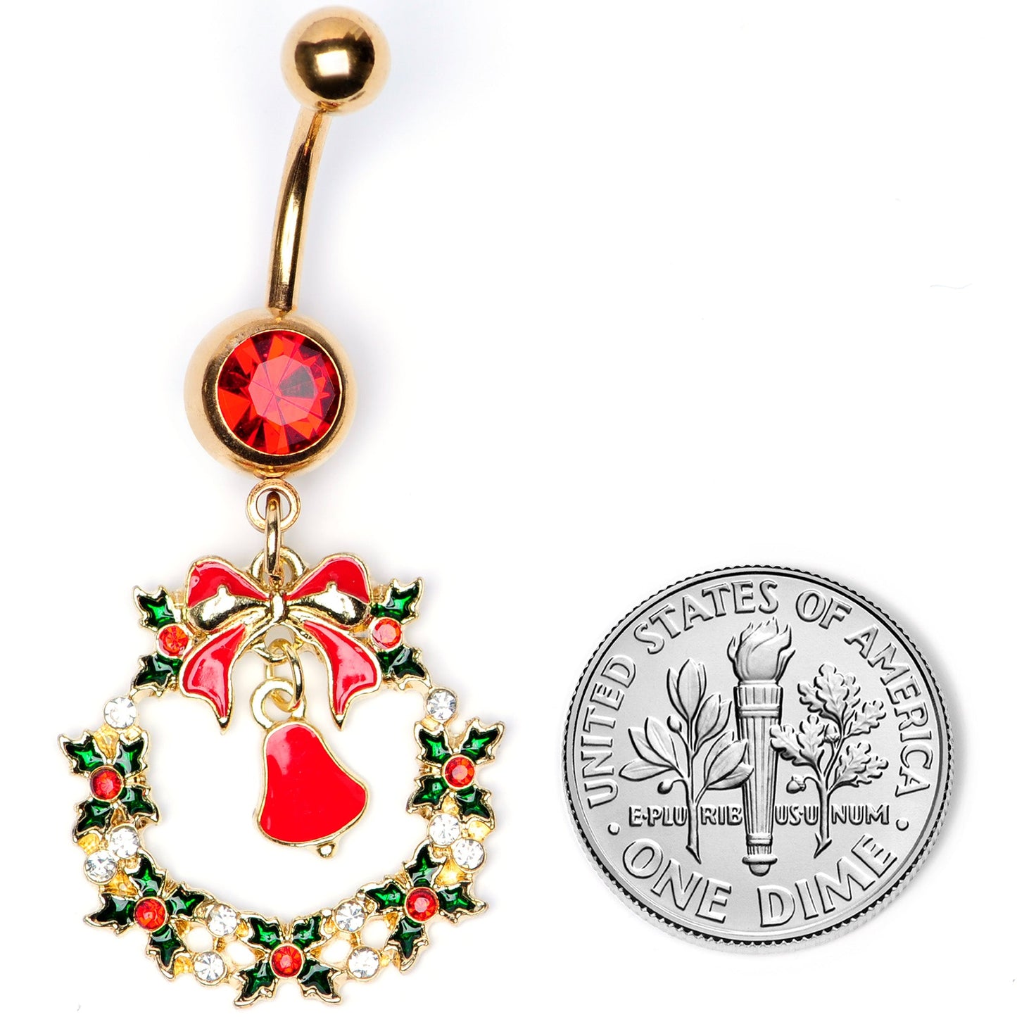 Red Gem Gold Tone Holiday Bell Wreath Christmas Dangle Belly Ring