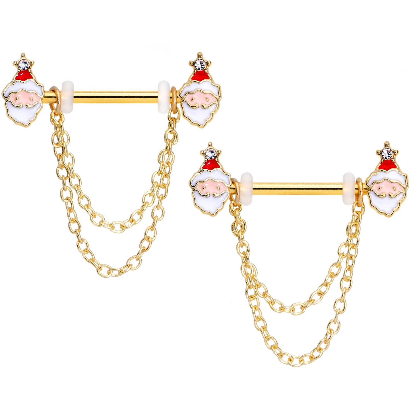 14 Gauge 5/8 Clear Gem Gold Tone Santa Dangle Nipple Ring Set