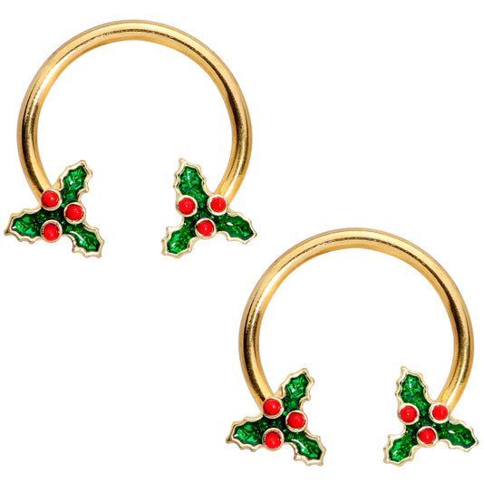 14 Gauge 9/16 Gold Tone Holly Christmas Horseshoe Nipple Ring Set