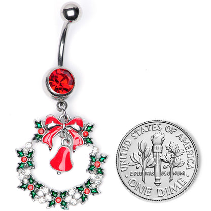 Red Gem Holiday Bell Wreath Christmas Dangle Belly Ring