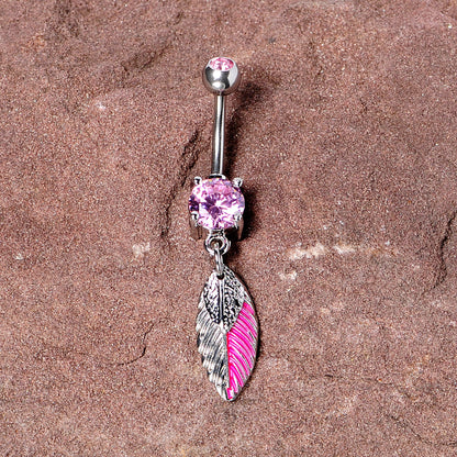 Pink Gem Feathers Southwestern Dangle Belly Ring