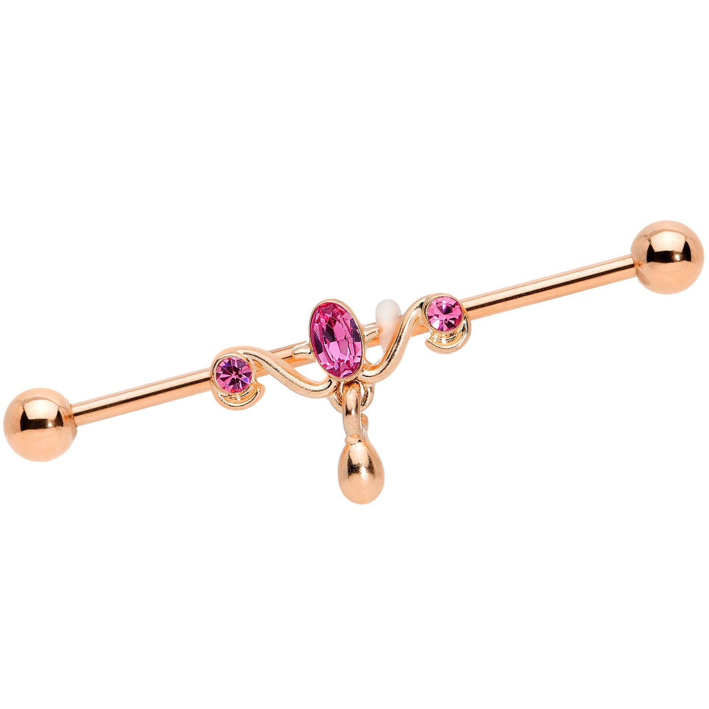 14 Gauge Pink Gem Rose Gold Tone Drop Dangle Industrial Barbell 38mm