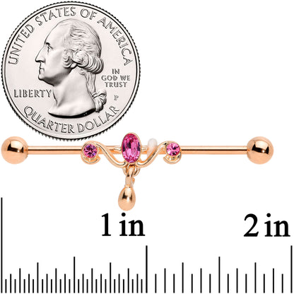 14 Gauge Pink Gem Rose Gold Tone Drop Dangle Industrial Barbell 38mm