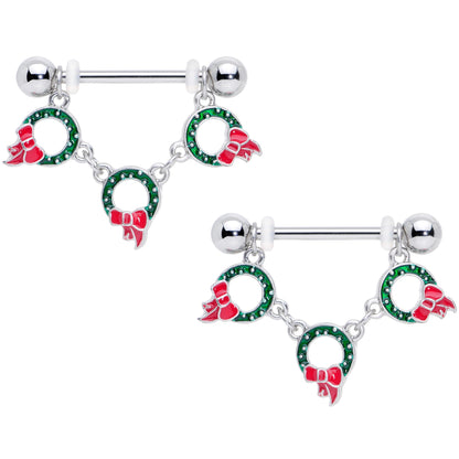 14 Gauge 5/8 Holiday Wreath Christmas Chain Dangle Nipple Ring Set