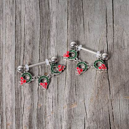 14 Gauge 5/8 Holiday Wreath Christmas Chain Dangle Nipple Ring Set